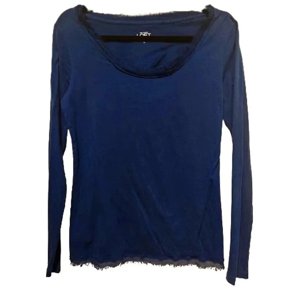 Ann Taylor Loft blue longsleeve scoop neck tee shirt w/ eyelash lace Size Medium - Picture 1 of 5